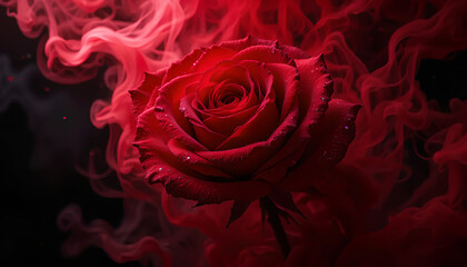 Naklejka premium Crimson Embrace: A Red Rose Enveloped in Mystical Smoke