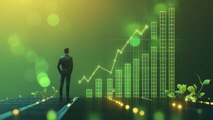 Concept of increasing sustainable development goals, green energy business expansion and growth strategy, entrepreneur sees green energy growth path with increasing solar cell icon on digital uptrend 