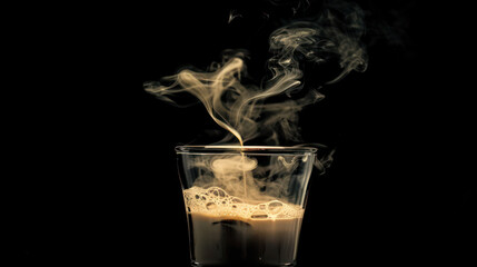 A steaming espresso shot captured mid-pour in dramatic lighting