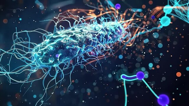 Close-up of a scientifically visualized bacterium in vibrant colors.