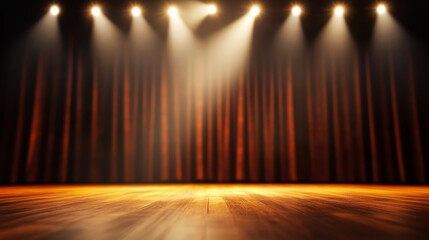 A stage with wooden flooring and spotlight beams, ready for a performance.