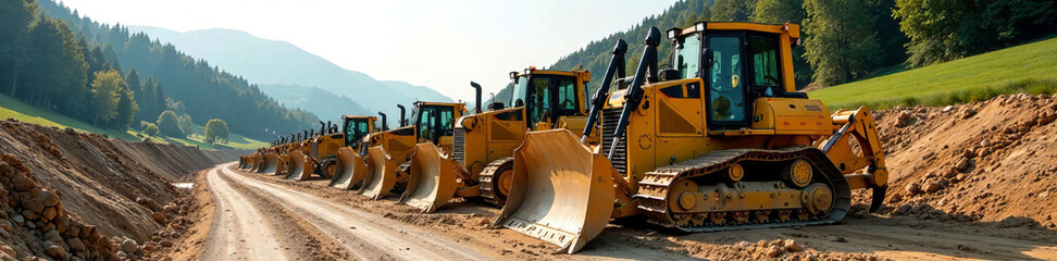 Fototapeta premium Caterpillar bulldozers on display at Belgrade expo with surround