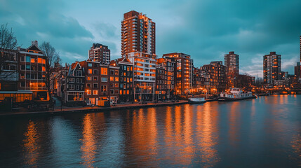 Fototapeta premium Serene twilight view of Amsterdam's canals, reflecting illuminated buildings and boats. A picturesque cityscape at dusk.