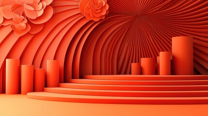 Fototapeta premium Abstract Coral Minimalist: A vibrant coral-colored 3D abstract backdrop with textured curves and cylinder pedestals.