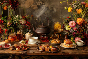 Fototapeta premium A table set with exotic tea blends, pastries, and floral decor for a high tea session