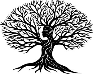 Surreal Tree Silhouette with Human Profile and Wind-Swept Branches in High Contrast