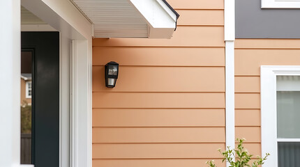 Fototapeta premium Modern House Exterior with Peach Siding, White Trim, and Dark Grey Door