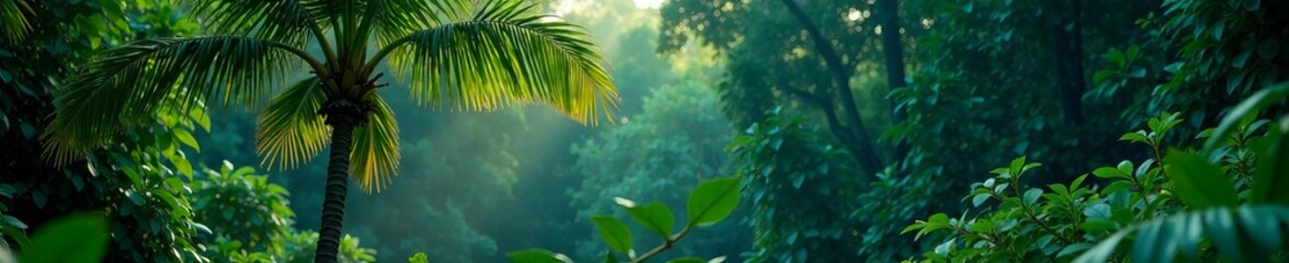 Obraz premium Lush green tropical forest with sunlight filtering through dense foliage creating serenity.