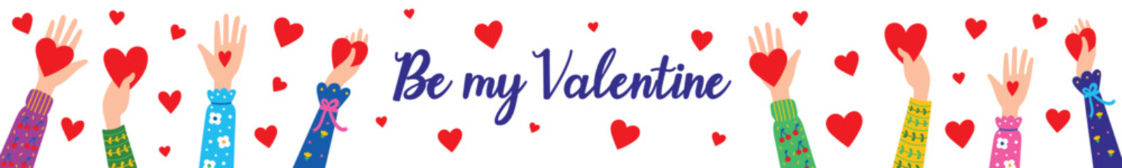 Give and share your love for people. Valentines day romantic background. Many hands holding stylized hearts. Сharity. Donation.Flat design, vector cute illustration. Valentine's Day.