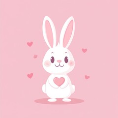Obraz premium Cute bunny holding heart, pink background, Valentine's Day card (1)