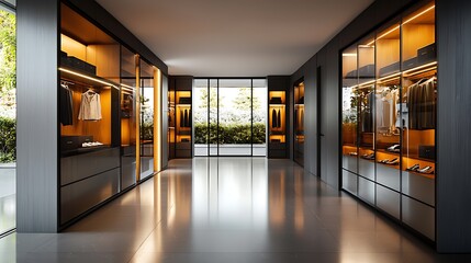 Luxurious dressing room interior featuring sleek illuminated display cases and large mirrors reflecting the modern sophisticated design