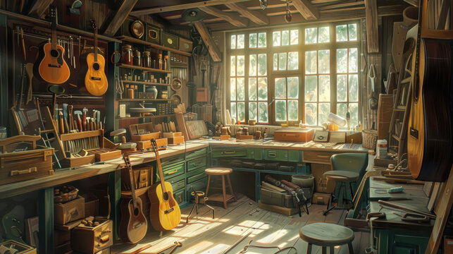 A traditional guitar maker's workshop with walls lined with tools and materials, radiating a sense of heritage