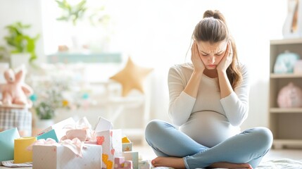 A pregnant woman sits on the floor surrounded by gifts, appearing stressed and overwhelmed in a cozy, well-lit room.
