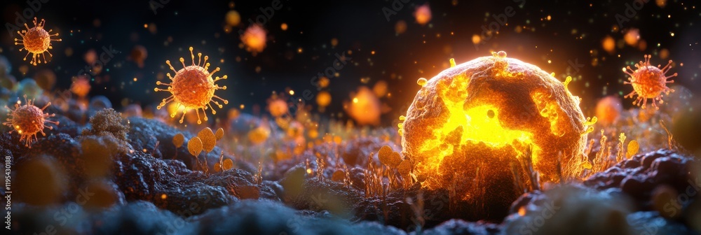 Leinwandbilder glowing cell surrounded by menacing viruses in a dark microscopic environment at microscopic level. 