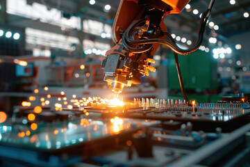 Close-up robotic arm assembling microchips on PCB, precision soldering with glowing circuitry