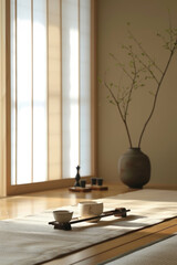 A traditional Japanese tea ceremony in a minimalist tatami room, with elegant tea utensils
