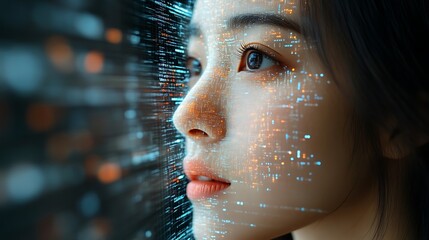 Woman's face overlaid with digital data streams. (1)