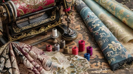 Obraz premium A vintage sewing machine surrounded by colorful fabrics and threads for textile creation.