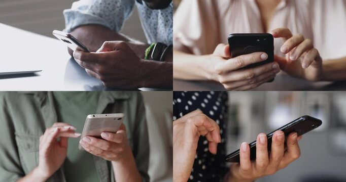 Close up collage, hands variety of people using their devices interacting with smartphones, Digital connection, communication through mobile technology, integration of modern tech into daily routines
