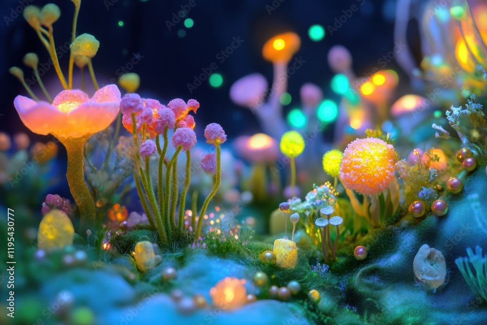 Aufkleber Exploring a vibrant microscopic ecosystem filled with friendly microbes and colorful flora at night. Generative AI