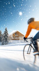 Cyclist speeds past snowy chalet under bright winter sun. AI Generated