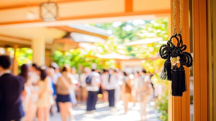 Japanese shrine entrance with blurred crowd and decorative knot.