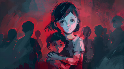 Vector illustration, kidnapped brother and sister against the background of silhouettes of innocent children who became victims of violence and aggression. Pop art style.