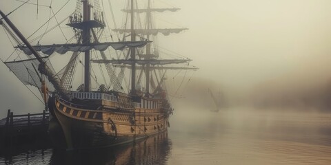 Fototapeta premium A vintage ship docked in a foggy harbor, creating a mysterious and serene atmosphere.