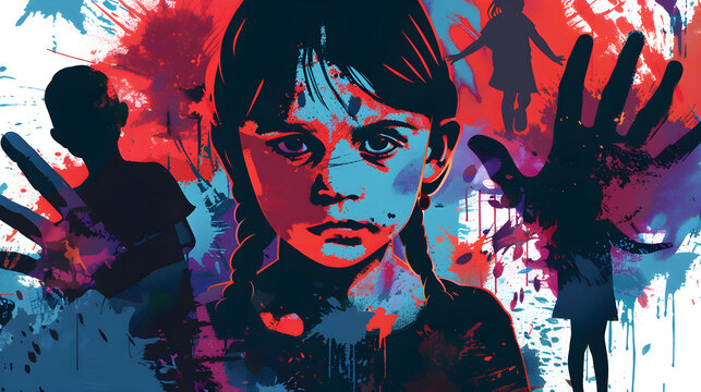 Vector illustration, portrait of a little kidnapped girl. Pop art style. June 4 is the International Day of Innocent Children - Victims of Aggression. World Day Against Human Trafficking.