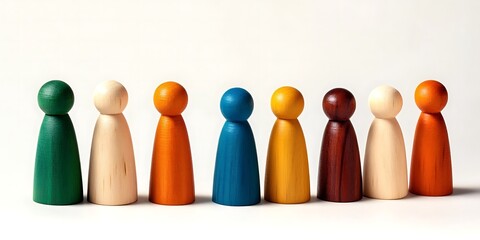 Wooden and colored figures representing diversity and inclusion in an artistic arrangement each figure showcases unique features promoting harmony 


