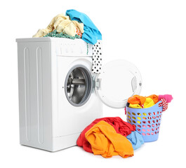 Washing machine and laundry basket with colorful clothes isolated on white