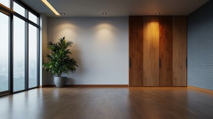 Minimalist wardrobe with recessed lighting and seamless wooden wall design in a modern bright and contemporary home interior with large windows natural plant decor and clean elegant aesthetic