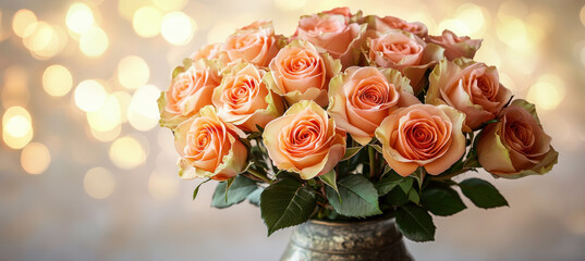 Obraz premium bouquet of peach roses in vintage vase with soft bokeh background, creating romantic ambiance