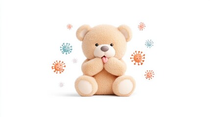 Fototapeta premium A cute teddy bear surrounded by colorful virus illustrations, conveying a playful yet cautionary message about health.