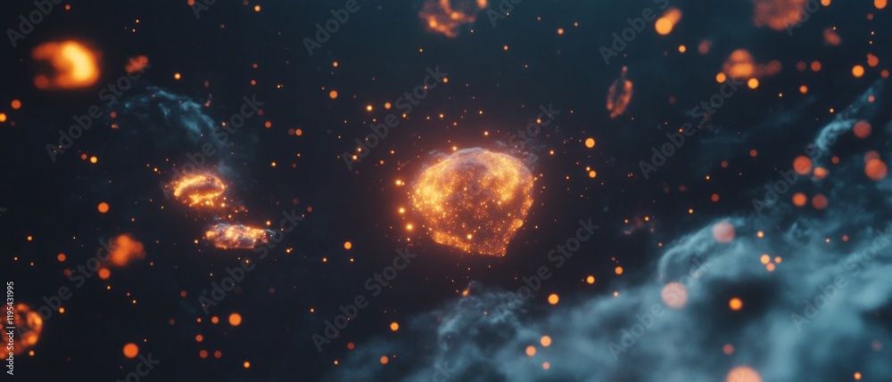 Poster fiery particles drifting through dark space, creating a captivating cosmic effect at night