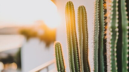 Naklejka premium Close-up of cacti illuminated by warm sunset light.