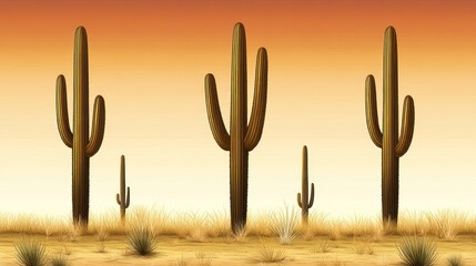 Sunset desert landscape with saguaro cacti and dry grass.