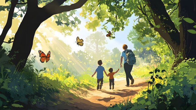 Father and sons walk a sunlit forest path