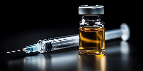 Single testosterone steroid vial and syringe on black background for muscle growth, anabolic, steroid ,Vaccine, conceptual 


