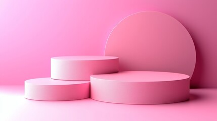 Pink Cylindrical Display: Three minimalist cylindrical platforms of varying heights and sizes sit against a soft pink backdrop.