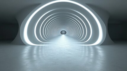 Obraz premium Abstract futuristic tunnel with glowing arches and reflective floor.