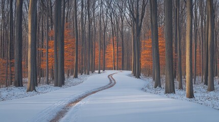 Obraz premium A winding path through a winter forest, illuminated by golden light, leading into a dense woods.