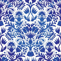 Traditional Russian vector seamless pattern in gzhel style. Can be used for banner, card, poster, invitation, label etc.