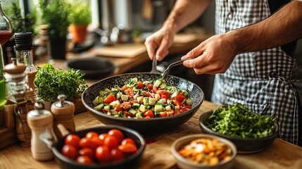 Obraz premium Chef preparing a colorful meal with fresh ingredients, kitchen close-up, culinary theme 