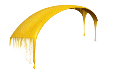 Bright yellow pichkari with geometric patterns, releasing water in a cascading flow that forms a rainbow-like trail, on a transparent background PNG