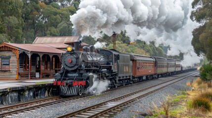 A vintage steam train departing from a station, billowing smoke amidst lush greenery.