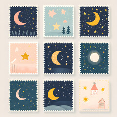 Multiple rows of beautifully crafted New Year stamps, each highlighting celestial themes with intricate starry skies, crescent moons, and luminous galaxies. The glowing textures, combined with pastel