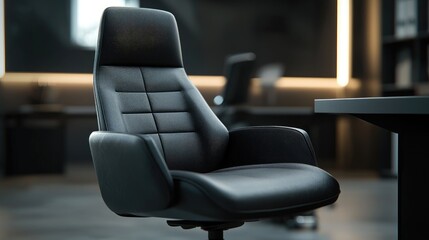 Fototapeta premium Elegant Black Leather Office Chair in Modern Workspace