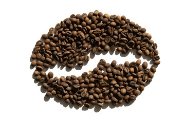 Creative Arrangement of Freshly Roasted Coffee Beans Formed into the Shape of a Coffee Bean with Transparent Background, Perfect for Coffee-Themed Designs and Marketing Materials.