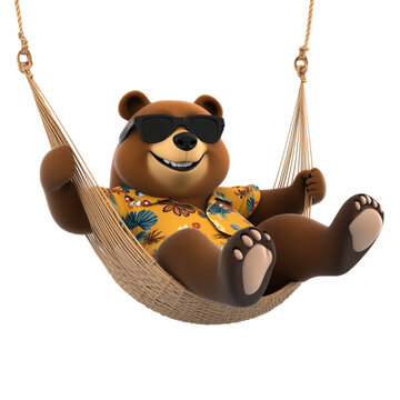 Charming cartoon brown bear relaxing in a hammock with sunglasses and a tropical shirt on a transparent background